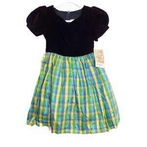 Vintage-Inspired Size 6X Girls Velvet & Plaid Holiday Dress With Puff Sleeves